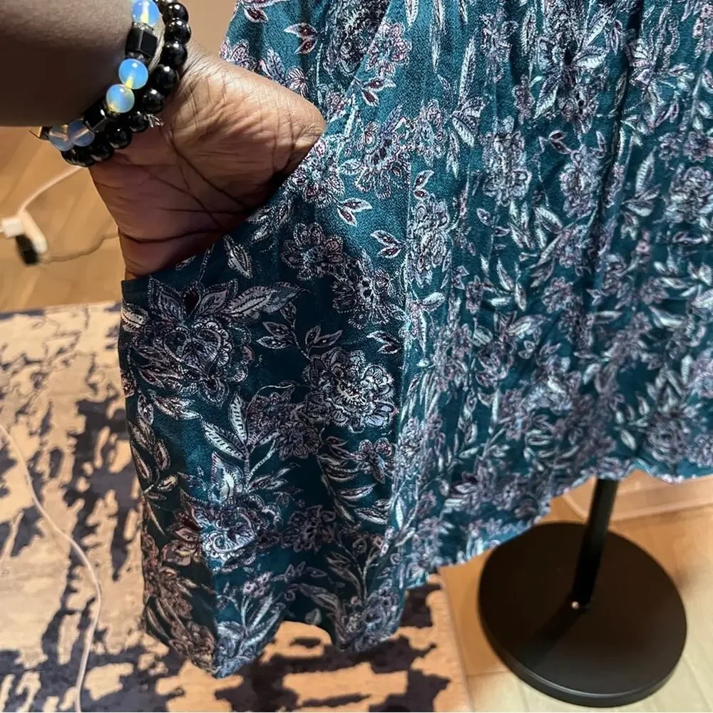 Garnet Hill 14 Teal Floral Women's Dress Pockets Paisley Boho